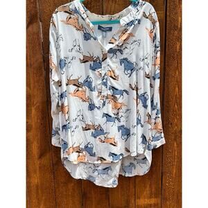 ModCloth Horse Print Blouse 1X EUC Viscose Rayon Equestrian Western Top